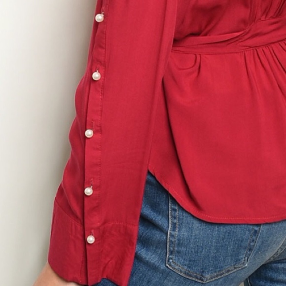 Burgundy Pearl Button Up Tie Waist Top - Picture 3 of 8